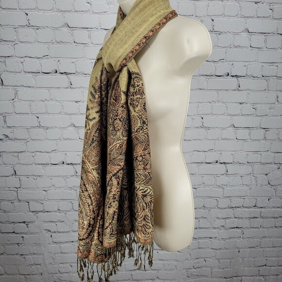 Pashmina Tan Multicolor Silk Paisley Floral Fringe Rectangle Scarf Wrap 70x27" - Picture 7 of 8